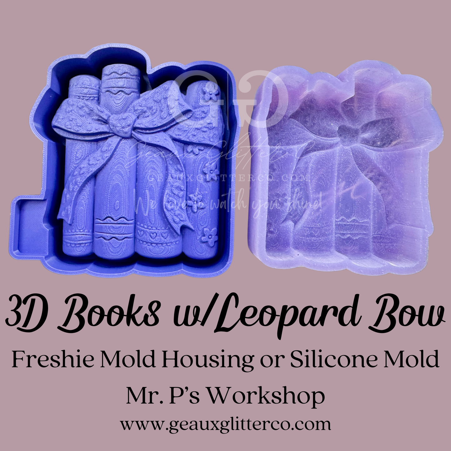 3D Book Books w/Leopard Bow Freshie Mold Housing or Silicone Mold